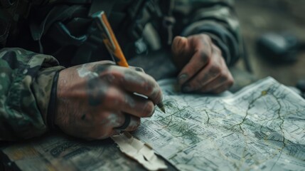 A close-up shot of a peacekeeper's hand, with a map and a pen in hand as they plan their next move.