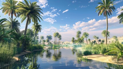 Fototapeta na wymiar A serene desert oasis with palm trees and oasis AI generated illustration