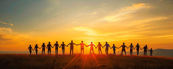 Giving a helping hand concept of unity, teamwork and charity with sunrise background.