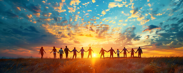 Giving a helping hand concept of unity, teamwork and charity with sunrise background.
