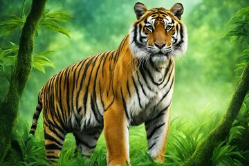 beautiful bengal tiger with lush green habitat background 
