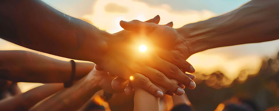 Giving a helping hand concept of unity, teamwork and charity with sunrise background.
