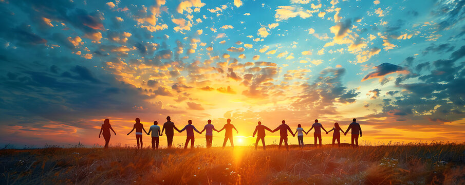 Giving a helping hand concept of unity, teamwork and charity with sunrise background.