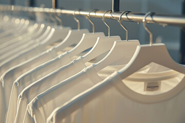 Fototapeta premium Close-up of white blank t-shirts hanging in a row on wooden hangers. Generated by artificial intelligence
