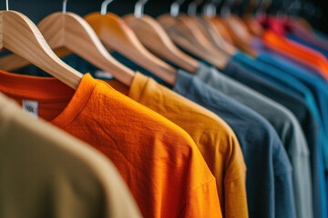 A lot of T-shirts of different colors hang on hangers close-up. Generated by artificial intelligence