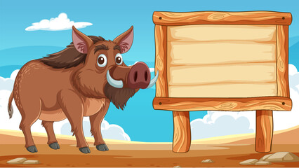 Cartoon boar next to a blank wooden sign.