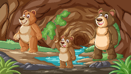 Three cartoon bears smiling outside their cave home