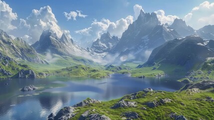 A stunning 3D rendering of a mountain landscape  AI generated illustration - obrazy, fototapety, plakaty