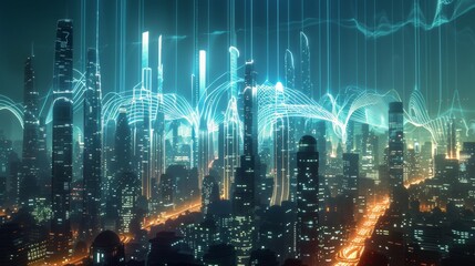 Obraz na płótnie Canvas A stylish 3D illustration of sound waves pulsating in a futuristic cityscape AI generated illustration