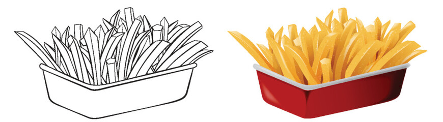 Vector illustration of fries in monochrome and color