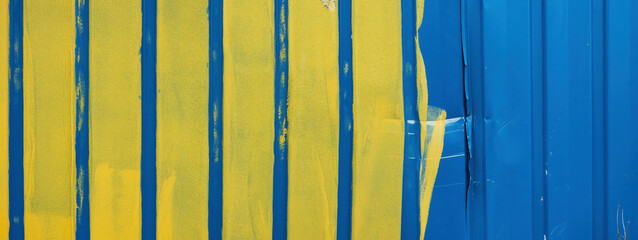 A fragment of a blue metal wall, partially painted with yellow paint. There is a dent and scratch...