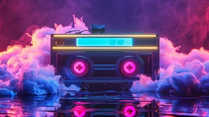 Fototapeta na wymiar A stylized 3D illustration of a retro cassette tape with neon accents AI generated illustration