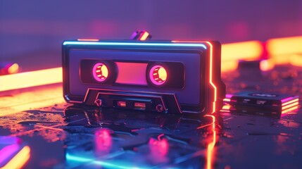 A stylized 3D illustration of a retro cassette tape with neon accents  AI generated illustration - obrazy, fototapety, plakaty