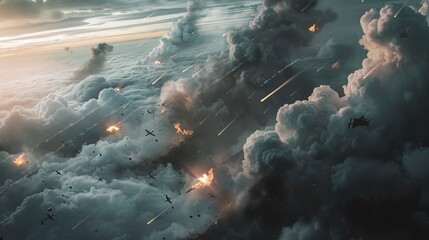 A surreal 3D render of a battle in the clouds  AI generated illustration - obrazy, fototapety, plakaty