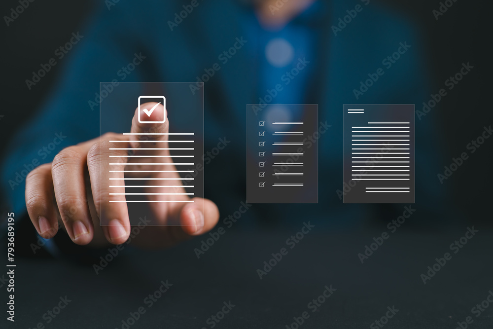 Aufkleber Businessman touching approve document on virtual screen for business process workflow illustrating management approval and project approve concept..