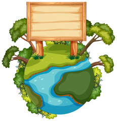 Cartoon globe with trees and a blank sign.