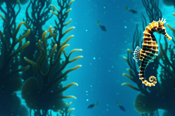 Fototapeta na wymiar Underwater landscape with Seahorse. Seamless pattern. Digital illustration.