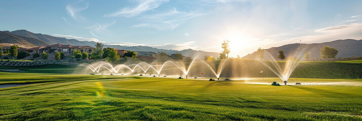 sprinklers spraying water  on green grass  in golf course  background - obrazy, fototapety, plakaty