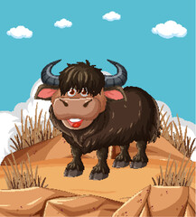 Cheerful yak standing on a rocky terrain