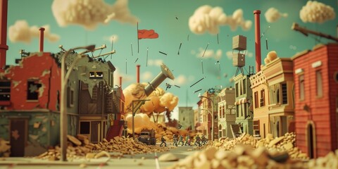 A whimsical 3D animation of a war scene in Memphis  AI generated illustration