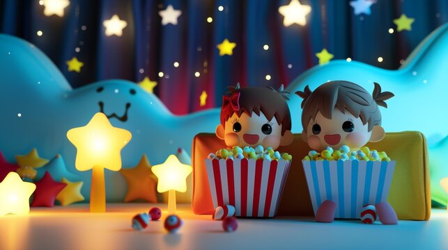A whimsical 3D illustration of kids having a sleepover with popcorn and movies  AI generated illustration