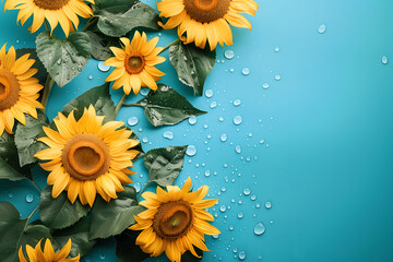 Creative floral concept. Sunny big sunshine yellow sunflower sunflowers with leaf leaves on sky blue background with rain water droplet. Mock up presentation. copy text space. top view, flat lay	 - Powered by Adobe