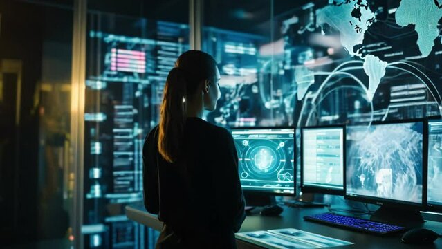 Female monitoring data screens. Network security and data analysis concept. 