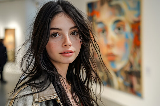 Young Woman in an Art Museum.  Generated Image.  A digital rendering of a pretty, young woman with black hair at an art museum.