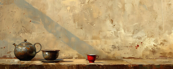  Still life with tea pot painting. - obrazy, fototapety, plakaty
