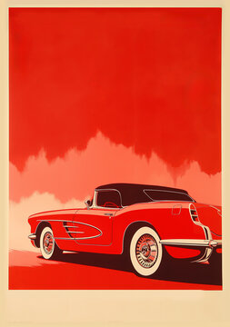 affiche vintage avec voiture ancienne sur fond rouge et espace vide pour texte