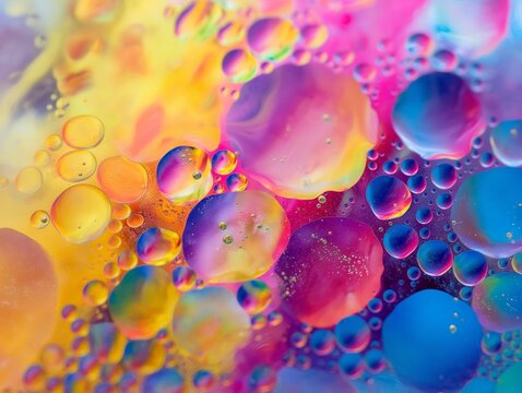A vivid abstract mix of colorful oil and water drops.
