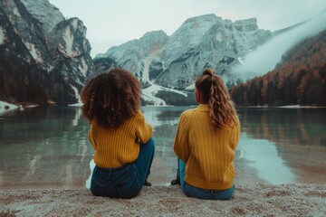 Two friends relishing the awe inspiring mountain scenery from the edge of an alpine lake