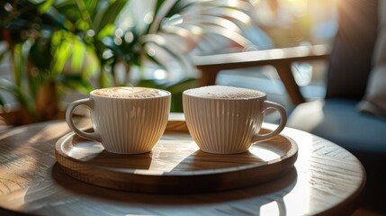 Two coffee cups on a table with a tray