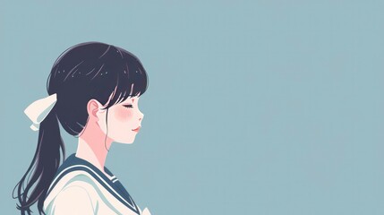 A cute girl in sailor suit, smiling, profile view, flat design - obrazy, fototapety, plakaty