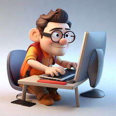 3d rendering of cartoon like man working on computer