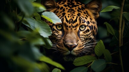 A leopards fierce gaze and distinctive markings are visible as it peers through leaves in a close-up view