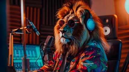 Portrait of a lion sitting in a music studio with headphones and sunglasses