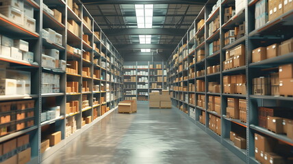 A storage room full of cardboard boxes and supplies