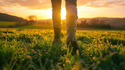 Closeup of male legs walking on a field in rubber boots during sunset