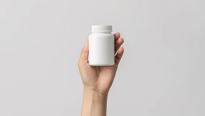 A hand holding a white bottle of supplement