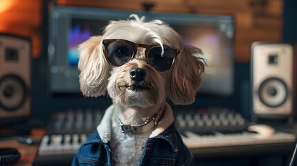 Portrait of a dog sitting in a music studio with sunglasses