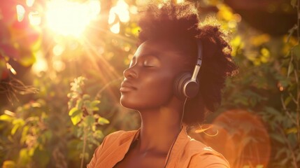 A serene young woman wearing headphones is immersed in music as the sun sets, radiating a calm,...
