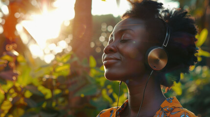 A woman's silhouette is outlined by the sun, with colorful earphones in a moment of music enjoyment