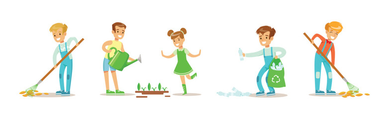 Kid Characters Saving Nature Care of Green Planet Vector Set