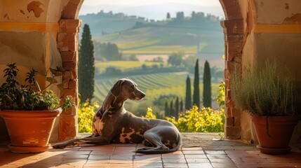 Time seems suspended in the heathazed vista of Tuscanys rolling vineyards beyond the arched palazzo window, as a muscular greyhounds distinctive silky charcoal contour lounges ethereally in a single s - obrazy, fototapety, plakaty