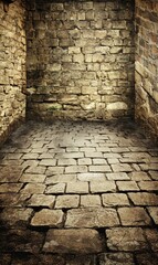 Cobblestone alley with brick walls and archway.