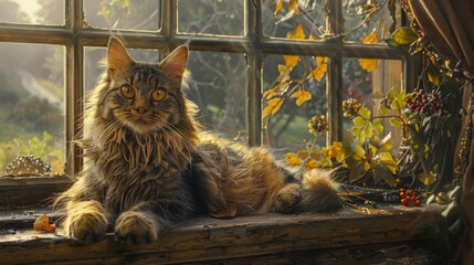 Through ornate leaded panes, a majestic Maine Coons posture is taut with vigilant stillness, piercing eyes unblinking toward the winding rural lane as it mantains its tireless watch for a returning hu - obrazy, fototapety, plakaty