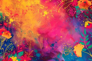 Joyful Holi celebration backdrop with traditional Indian motifs and bright colors