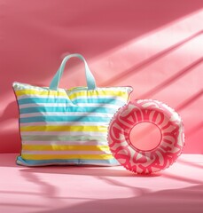 Brightly colored beach bag with stripe pattern accompanied by a matching float against a pink and...