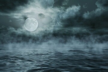 Moonlit seascape with dark storm clouds on a soft transparent white background, evoking a sense of mystery and adventure